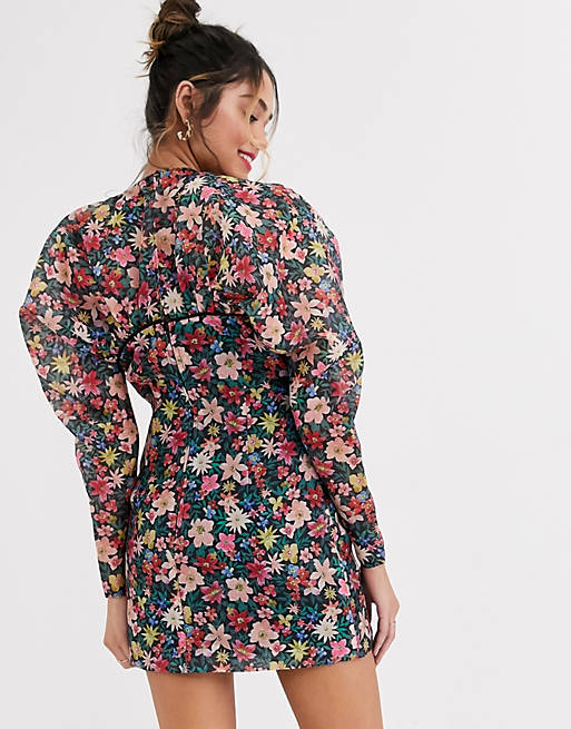 C/Meo collective shoulder volume long sleeve mini dress in floral print