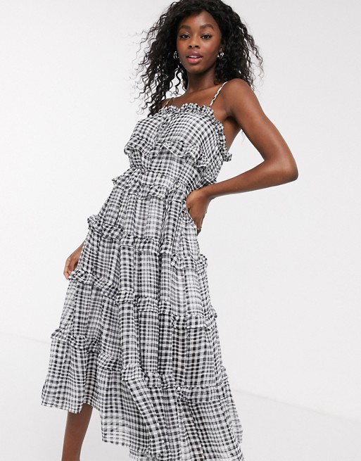 C/Meo Collective Stealing Sunshine tiered ruffle check midi dress in black check