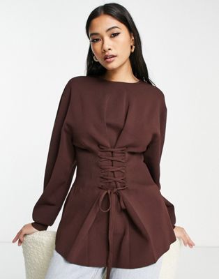 C/MEO Falling Knit corset waist jumper in chocolate