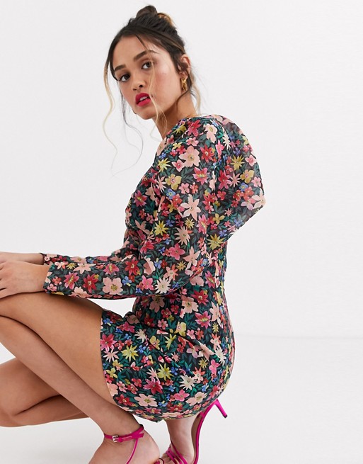 C/Meo collective shoulder volume long sleeve mini dress in floral print