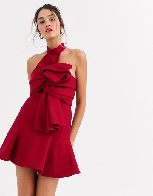 c/meo collective tie front high neck mini dress in red