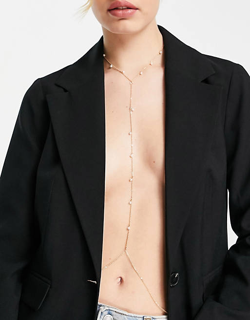 Mujer Cinturones | Cadena dorada para el cuerpo con perlas de ASOS DESIGN - EK61817