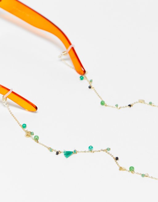Cadena dorada para gafas de sol con diseño de flecos y cuentas verdes de ASOS DESIGN 