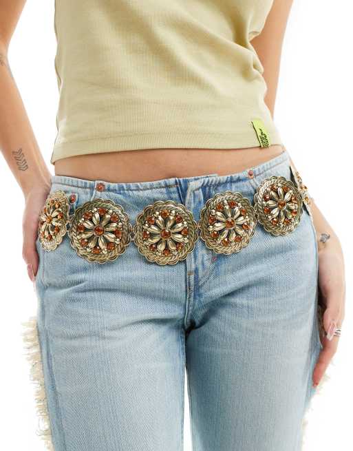Cadena para el vientre dorada con diseño extragrande y piedras sintéticas ámbar de Reclaimed Vintage