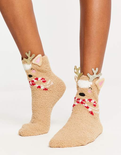 Caja de regalo de calcetines marrones con diseño de reno de Navidad de Loungeable