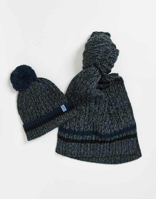 Caja de regalo de gorro con pompón y bufanda de color azul marino y gris de punto de Jack & Jones