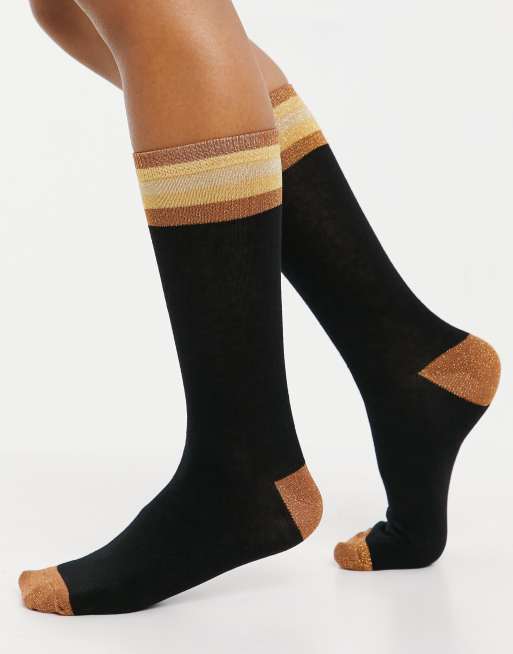 Calcetines altos negros y dorados a rayas con purpurina de ASOS DESIGN