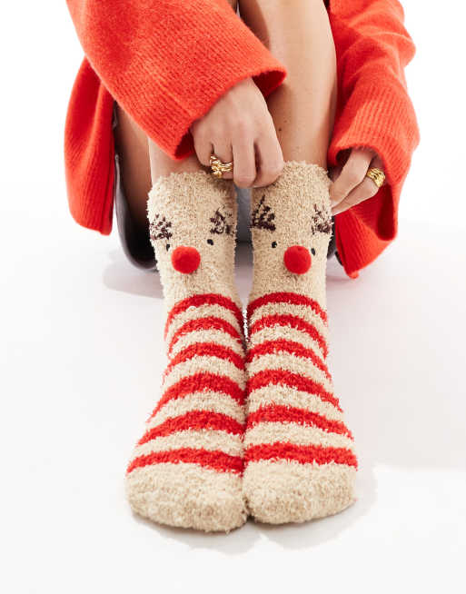Calcetines beis con diseño de Navidad de reno mullidos con caja de regalo de PIECES