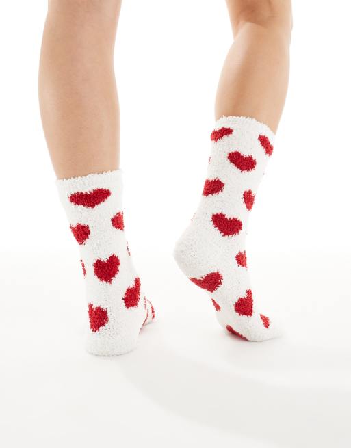 Calcetines blancos con estampado de corazones rojos de tejido abrigado muy suave de Lindex, 2 de 3