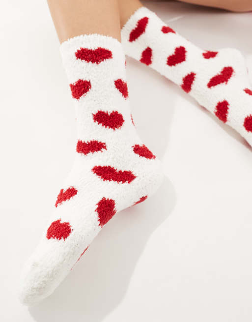 Calcetines blancos con estampado de corazones rojos de tejido abrigado muy suave de Lindex, 3 de 3
