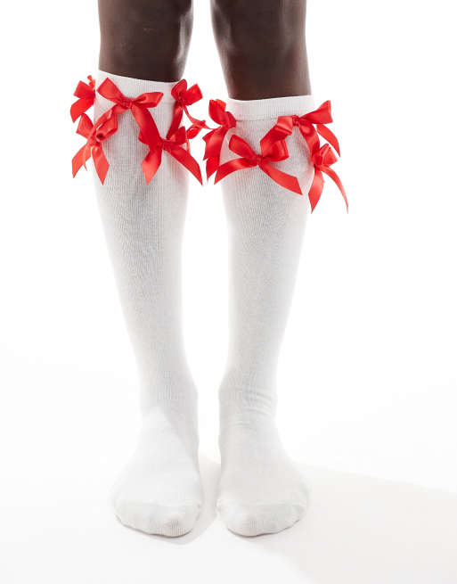 Calcetines por la rodilla blancos con lazos rojos de Reclaimed Vintage
