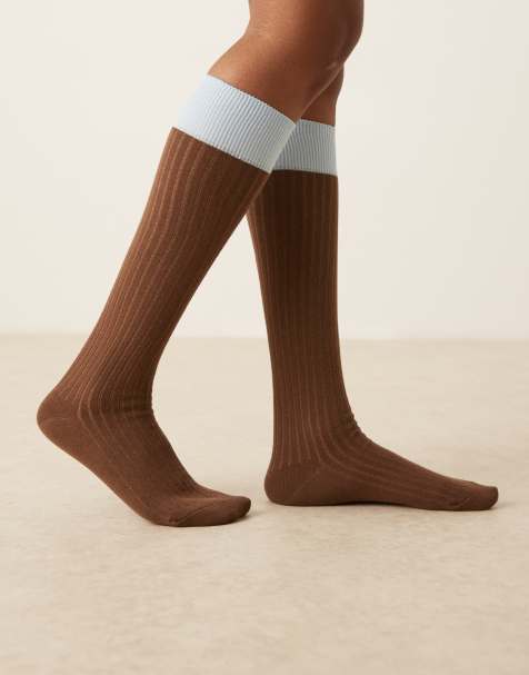 Calcetines por la rodilla marrón chocolate con panel en contraste de canalé de ASOS DESIGN - view 1