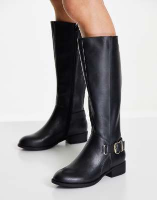 Call it Spring buckle detail knee boot in black