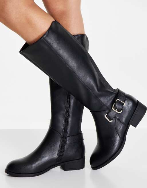 Call it Spring buckle detail knee boot in black ASOS