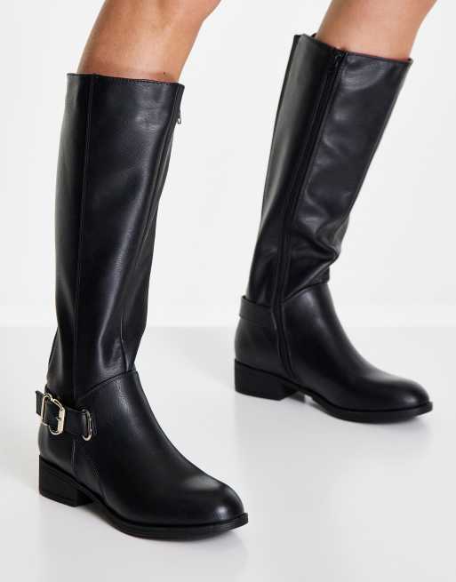 Call it Spring buckle detail knee boot in black