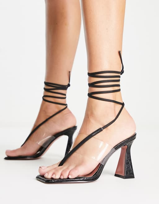 Call it Spring Esmeralda clear tie leg heeled sandals in black ASOS