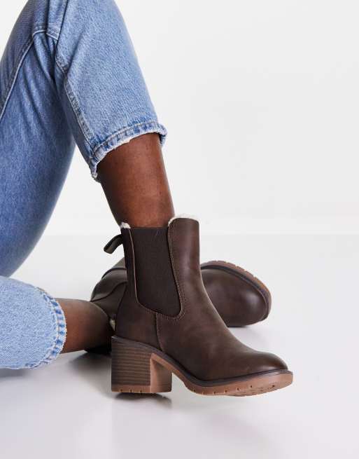 Call It Spring heeled ankle boots with faux fur lining in dark brown