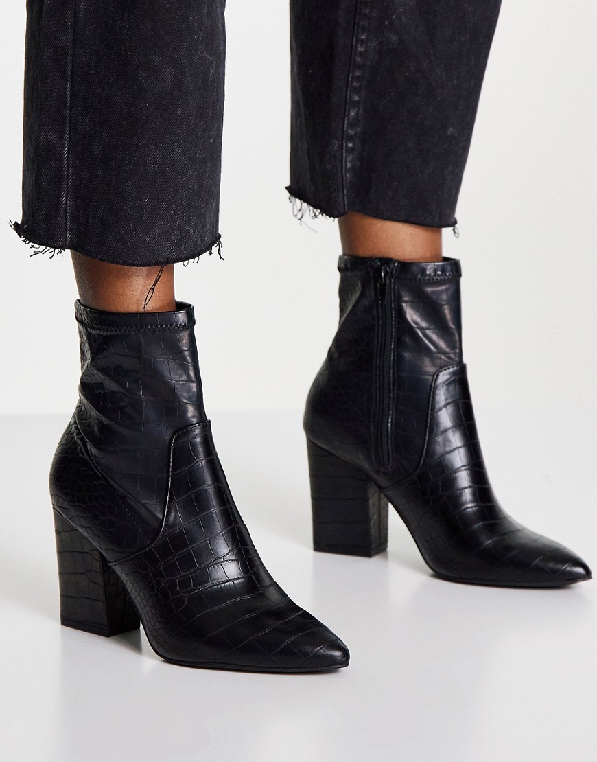 Call It Spring liivi block heel pointed ankle boots in black croc