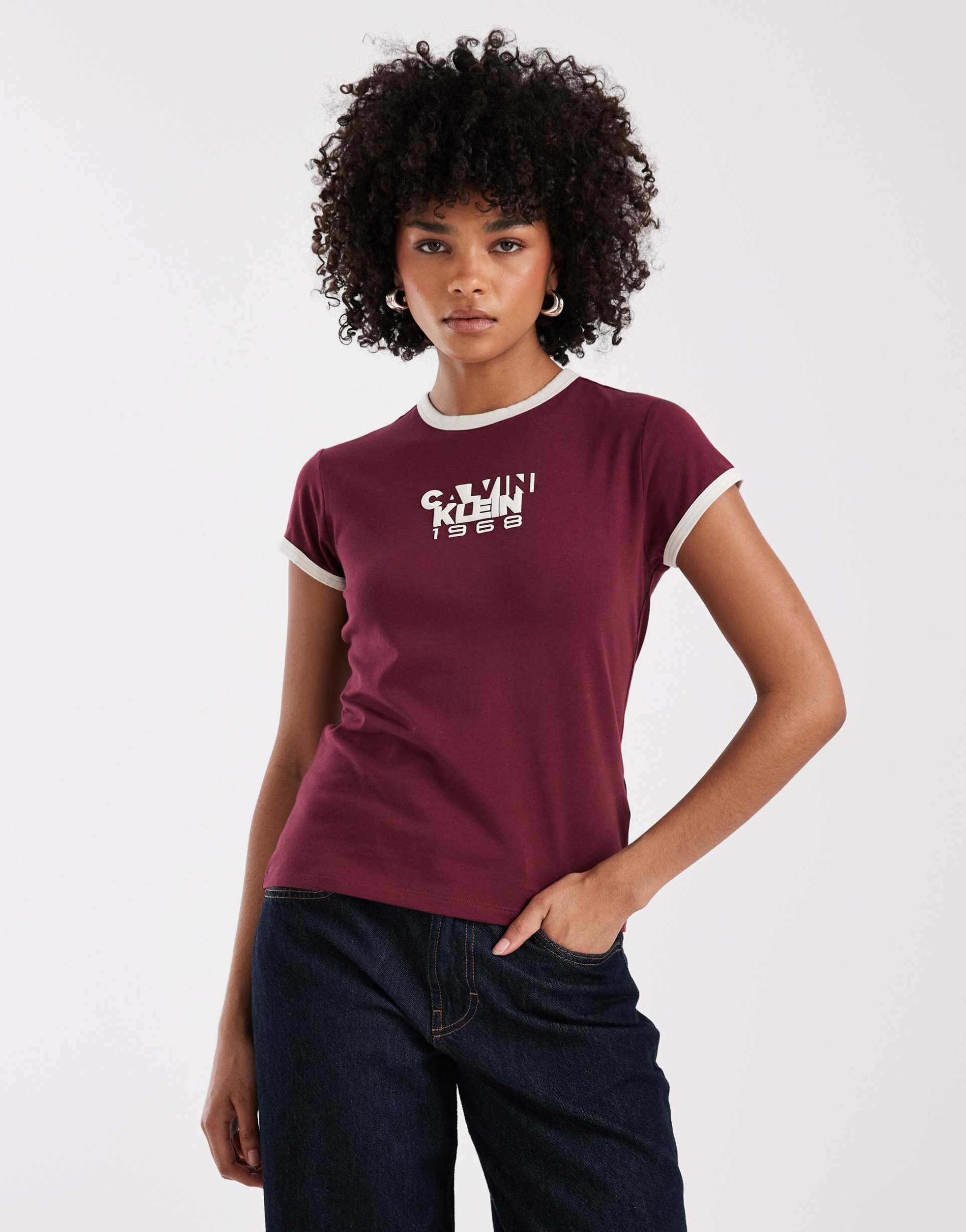 calvin klein 1968 graphic ringer t-shirt in burgundy
