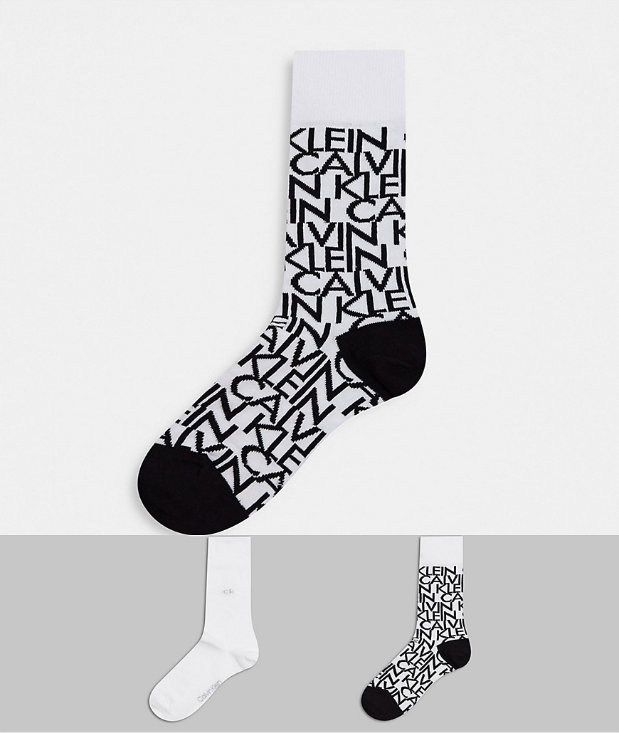 Calvin Klein 2 pack all over logo crew socks in white