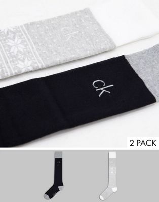 Calvin Klein 2 pack fair isle knee high sock in grey and black