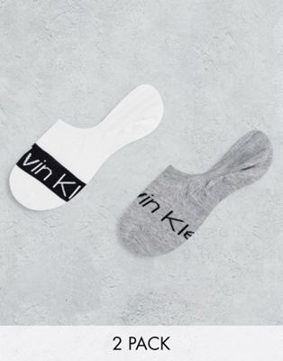 Calvin Klein 2 pack invisible socks in white/grey with logo