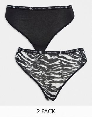Calvin Klein 2 pack modern cotton thong in black/tiger print
