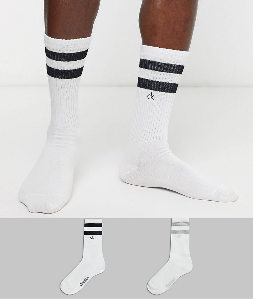Calvin Klein 2 pack stripe crew socks in white
