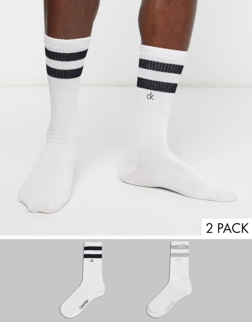 Calvin Klein 2 pack stripe crew socks in white ASOS