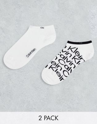 Calvin Klein 2 pack trainer socks with all over logo in white