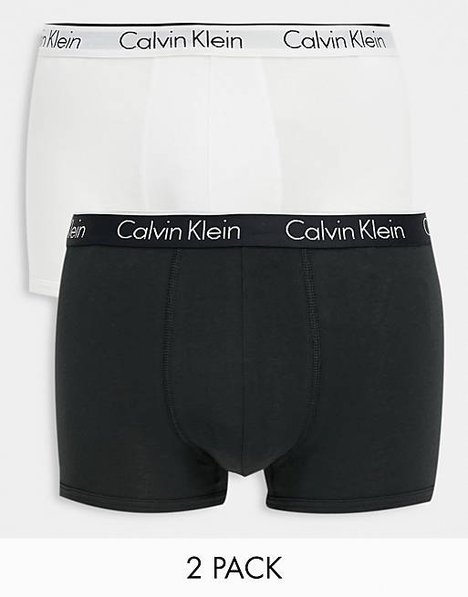 Calvin Klein 2 pack trunks with logo waistband in black and white
