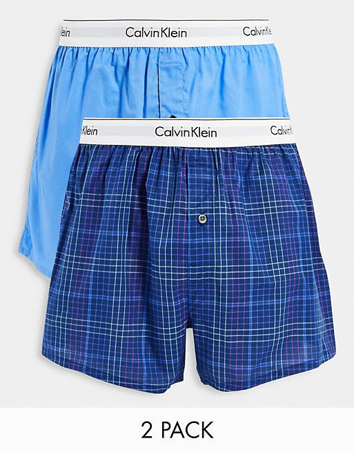 Calvin Klein 2 pack woven boxers in navy plaid and blue plain