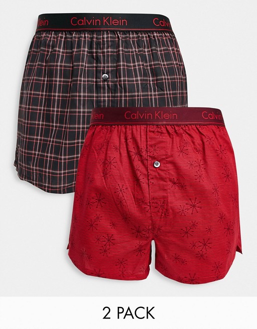 Calvin Klein 2pk woven boxers in red and black