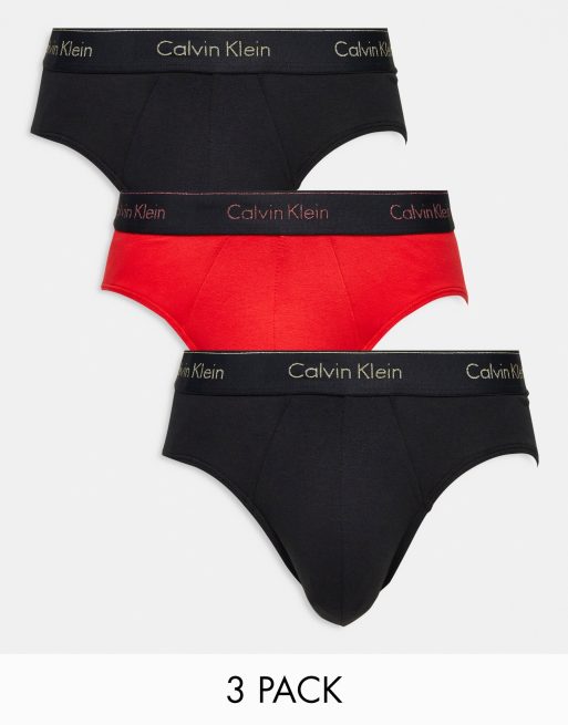 Calvin Klein 3-pack briefs with colored logo waistband in red and black