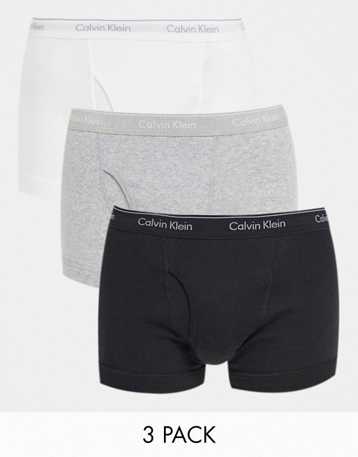 Calvin Klein 3 pack contrast waistband trunks in black white and grey