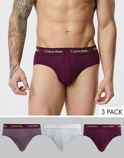 Calvin Klein 3 pack cotton stretch hip briefs in purple | ASOS