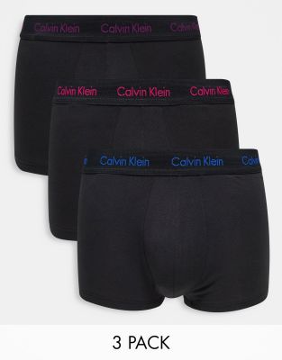 Calvin Klein 3 pack cotton stretch low rise trunks with contrast logo in  black