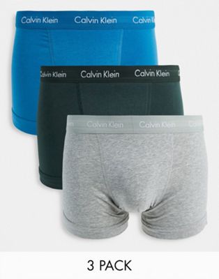 Calvin Klein 3 pack cotton stretch trunks in dark grey/grey/blue