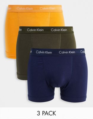 Calvin Klein 3 pack cotton stretch trunks in orange/blue/khaki