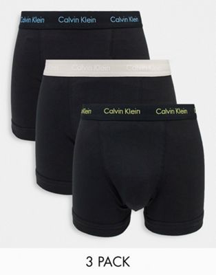 Calvin Klein 3 pack cotton stretch trunks with contrast logos in black