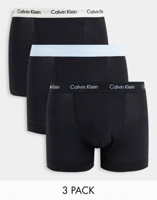 Calvin Klein 3 pack cotton stretch trunks with contrast waistbands in black
