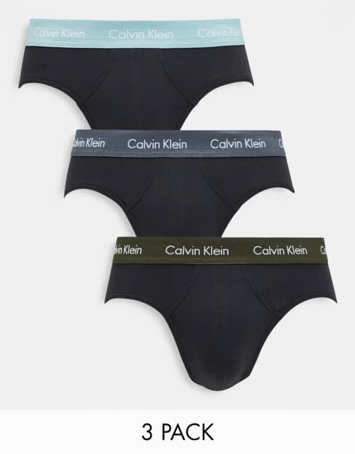 Calvin Klein 3-pack hip briefs in black with colored waistband