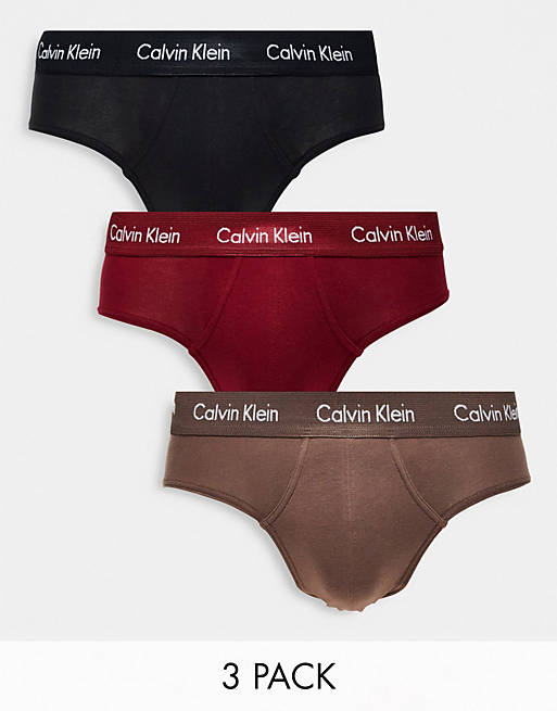 Calvin Klein 3-pack hip briefs in brown, black and red