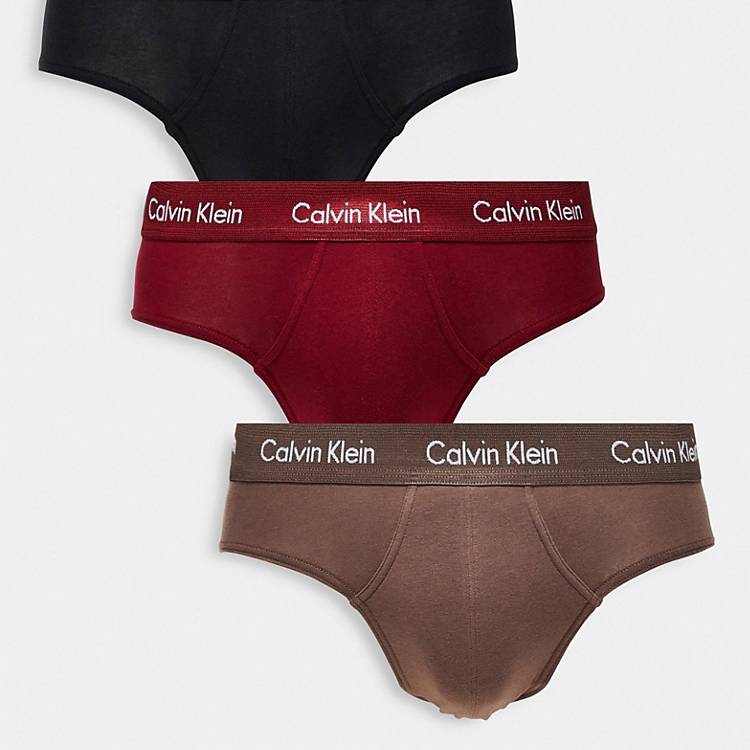 Calvin Klein 3 pack hip briefs in brown, black and red | ASOS