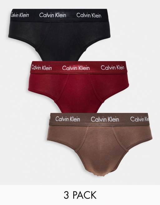 Calvin Klein 3-pack hip briefs in brown, black and red