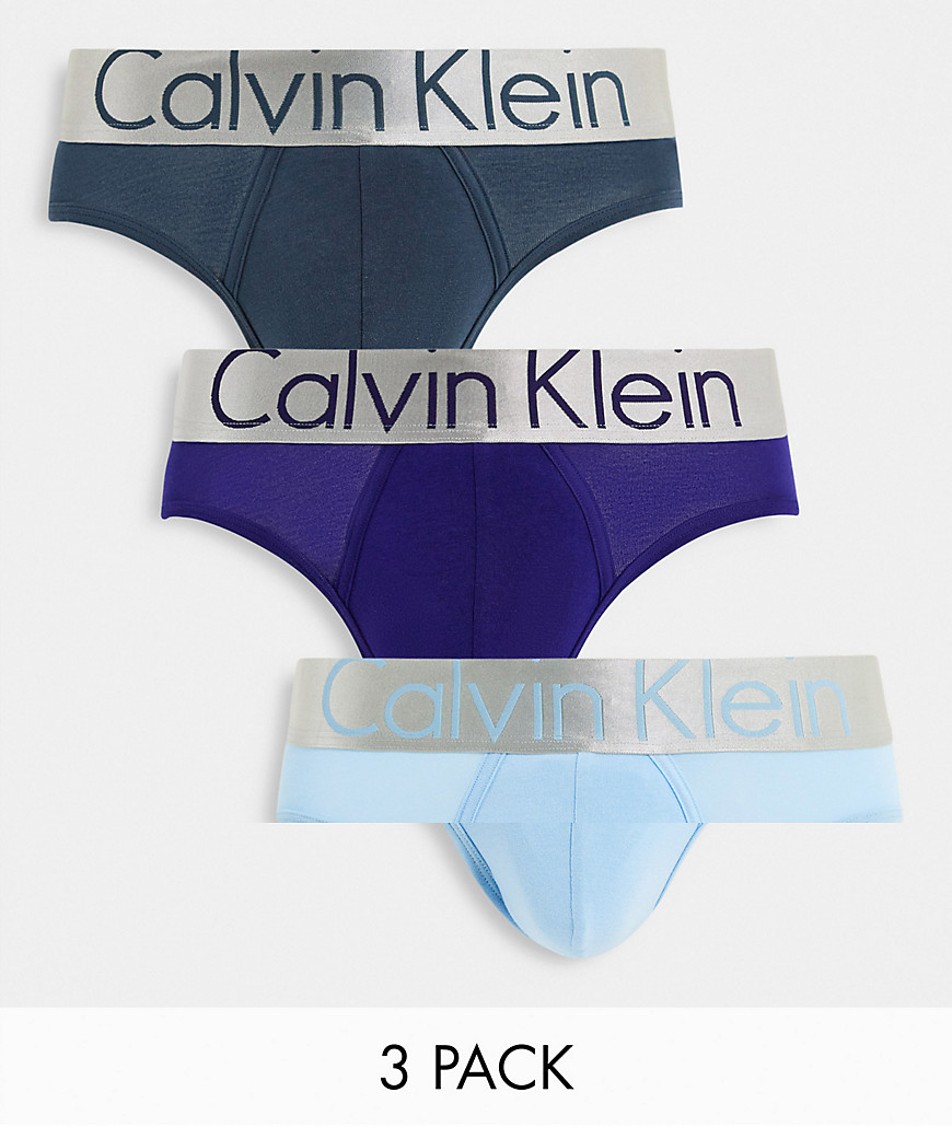 Calvin Klein 3 pack hipster briefs with contrast gray blue purple waistbands in black-Multi