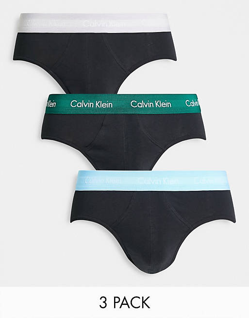 Calvin Klein 3 pack hipster briefs with grey green blue contrast waistbands in black
