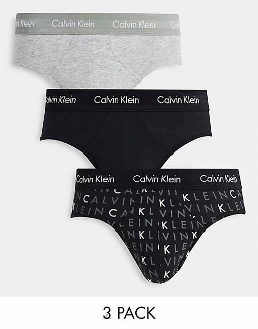 Calvin Klein 3 pack hipster briefs with logo waistband in multi logo print