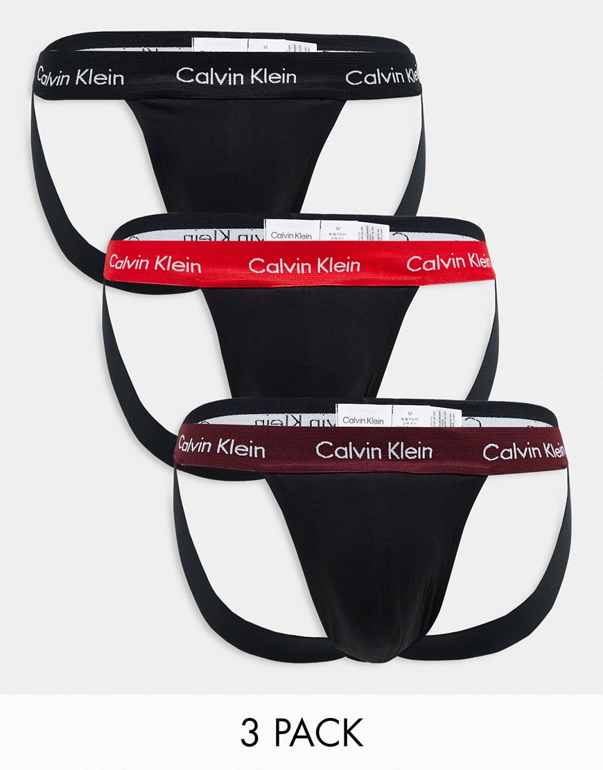 Calvin Klein 3-pack jockstraps with coloured waistband in black