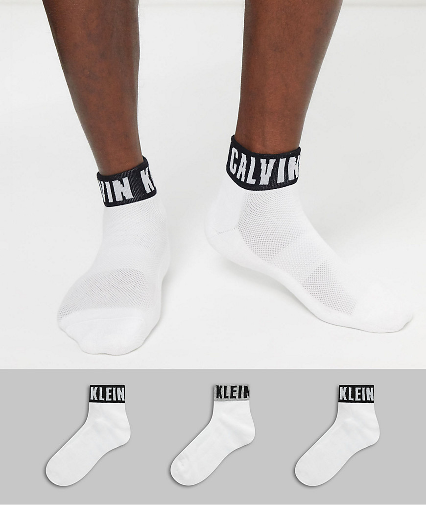 Calvin Klein 3 pack logo cuff quarter socks in white